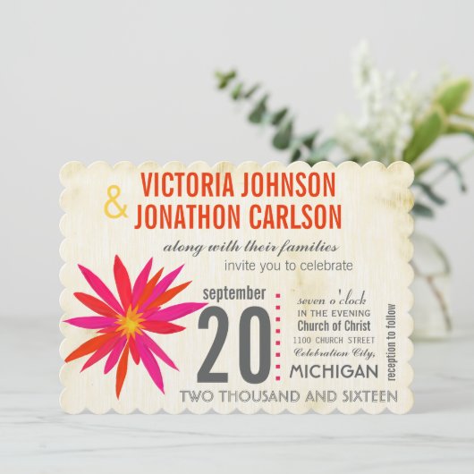 Foto Oranje roze moderne Daisy Wedding Invite Kaart (Staand voorkant)