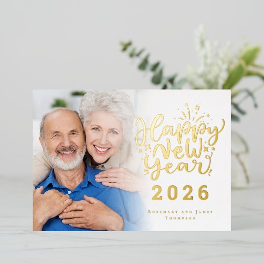 Foto overlay Gelukkig Nieuwjaar 2026 Luxe Real Folie Feestdagenkaart (Staand Voorkant)