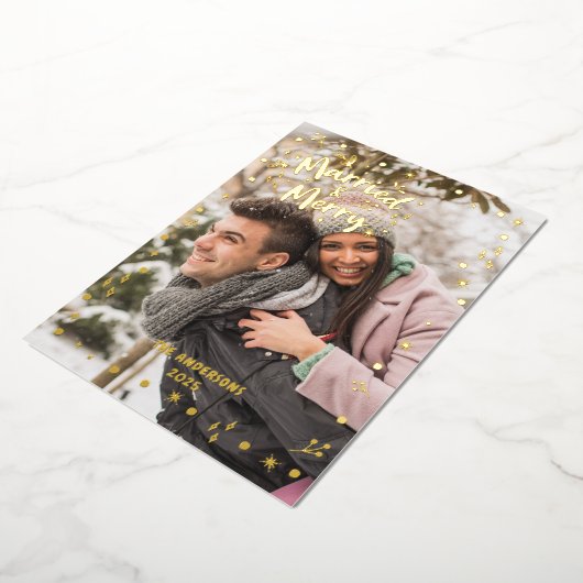 Foto-overlay Getrouwd Blij Nieuwgetrouwd Folie Feestdagenkaart (Gedraaid)