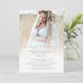 Foto Overlay Goud Script Boheemse Baby shower Kaart (Staand voorkant)