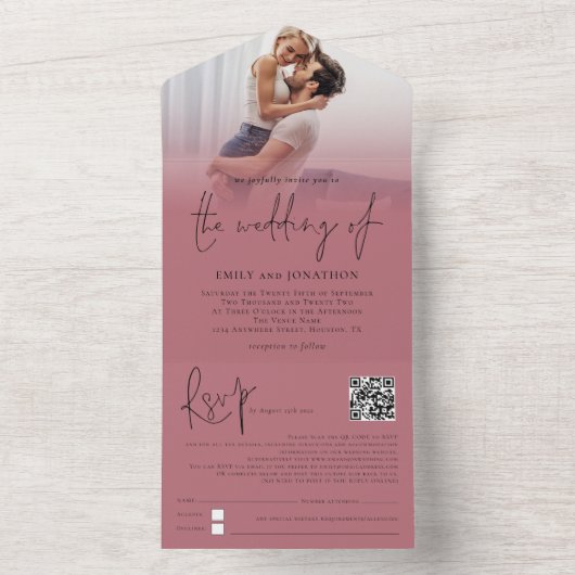 Foto Overlay QR Code Roos Goud Script Bruiloft All In One Uitnodiging (Binnen)