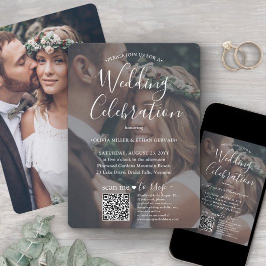 Foto-overlay QR-code RSVP Witte Script Bruiloft Kaart