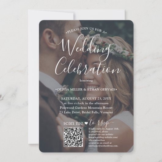 Foto-overlay QR-code RSVP Witte Script Bruiloft Kaart (Voorkant)