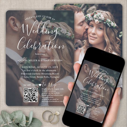 Foto-overlay QR-code RSVP witte scriptie trouwdag Kaart