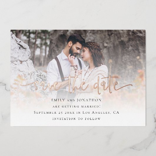 Foto-overlay QR-code Save The Date Roze Goud Echt Folie Uitnodiging (Voorkant)