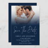 Foto Overlay QR Marine Blauw Wit Script Bruiloft Save The Date (Voorkant / Achterkant)