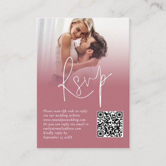 Foto Overlay QR Roos Goud Script Bruiloft RSVP Informatiekaartje (Voorkant)