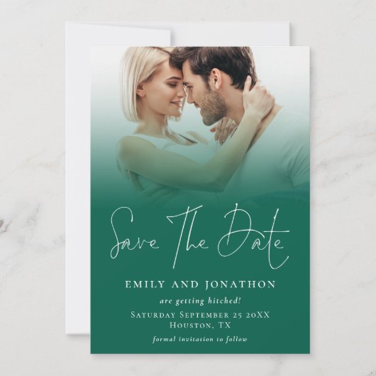 Foto Overlay QR Smaragd Groen Script Bruiloft Save The Date (Voorkant)