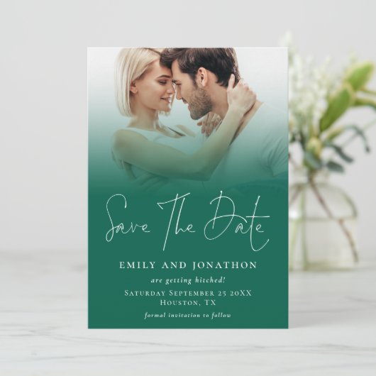 Foto Overlay QR Smaragd Groen Script Bruiloft Save The Date (Staand voorkant)
