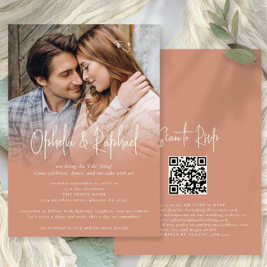 Foto Overlay Script QR Boho Terracotta bruiloft Kaart