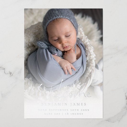 Foto Overlay Welcome Birth Announge Luxury Folie Uitnodiging (Voorkant)