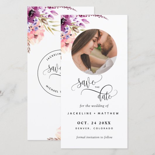 Foto Paars Floral Wedding Save the Date Bladwijzer (Voorkant / Achterkant)