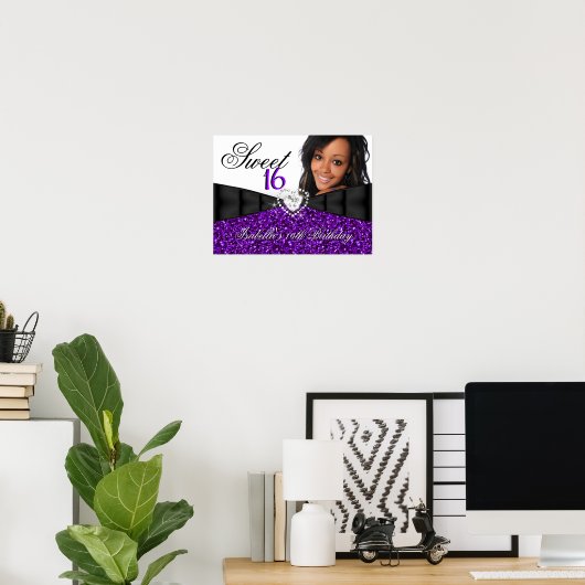 Foto Paars Glitter Sweet 16 16th Birthday Banner Poster (Thuiskantoor)