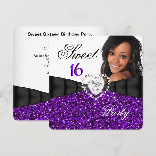 Foto: Paars Glitter Sweet 16 16th Birthday Party Kaart (Voorkant / Achterkant)