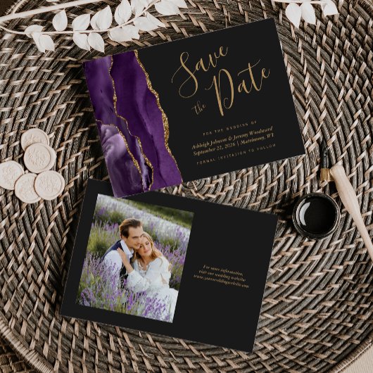 Foto Paars Gold Agate Dark Wedding Save the Date Kaart