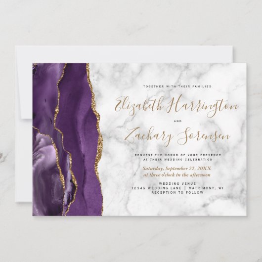 Foto Paars Gold Agate Marble Wedding Kaart (Voorkant)