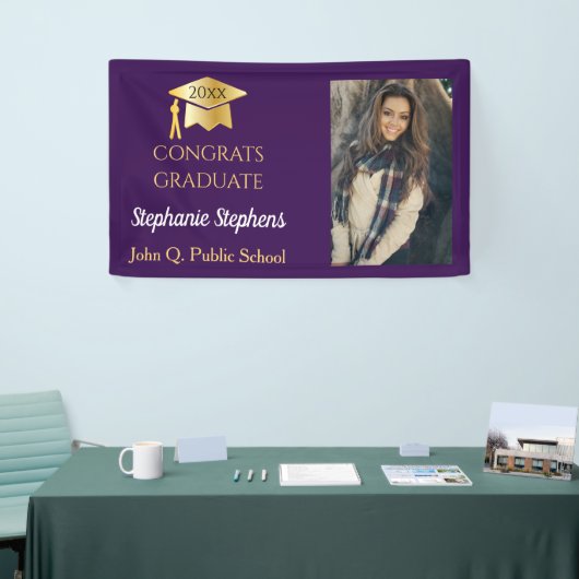 Foto Paars Gold Congrats Afstuderen naam | School Spandoek (Beurs)
