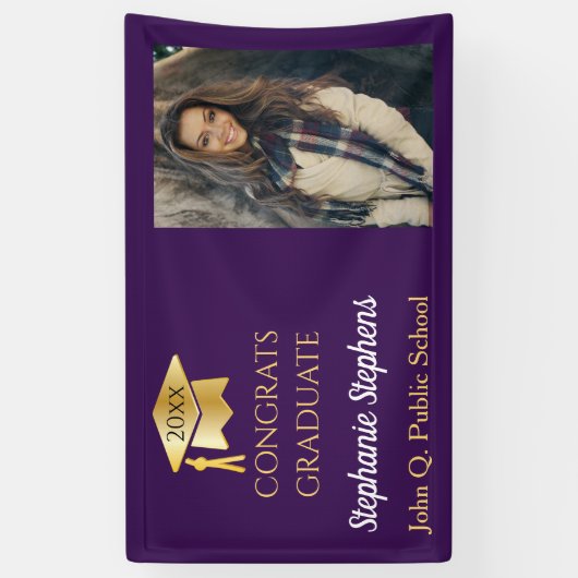 Foto Paars Gold Congrats Afstuderen naam | School Spandoek (Verticaal)