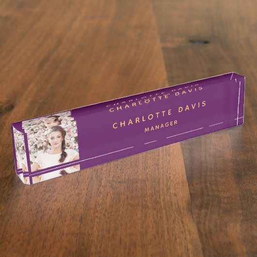 Foto paars gouden monogram minimalistisch naambordje (Zijkant)