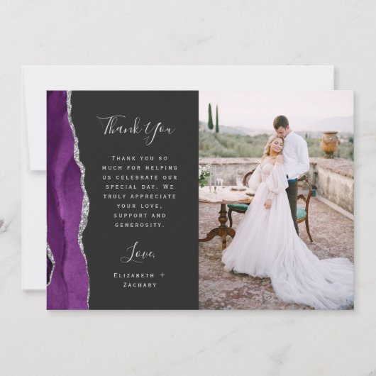 Foto Paarse Agaat Silver Dark Script Wedding Bedankkaart (Voorkant)