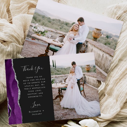 Foto Paarse Agaat Silver Dark Script Wedding Bedankkaart