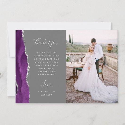 Foto Paarse Agaat Silver Grey Script Wedding Bedankkaart (Voorkant)