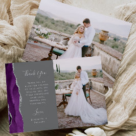 Foto Paarse Agaat Silver Grey Script Wedding Bedankkaart