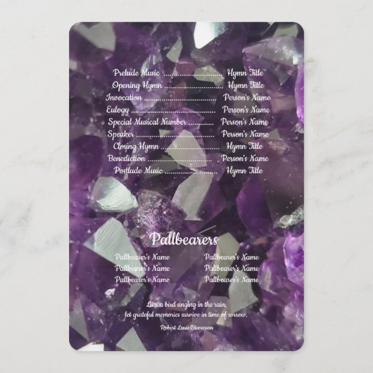 Foto Paarse Amethist Crystals begrafenis Programmakaart (Achterkant)