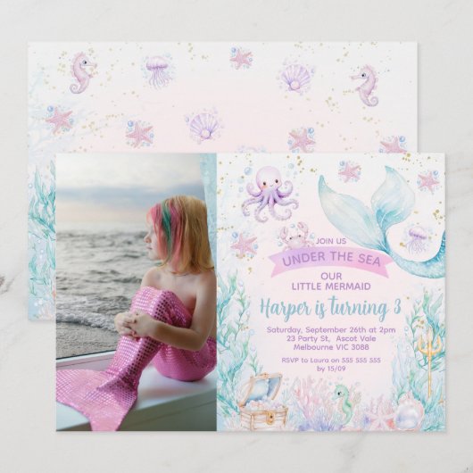 Foto Paarse Blauwe Kleine Zeemeermin Verjaardag Kaart (Voorkant / Achterkant)