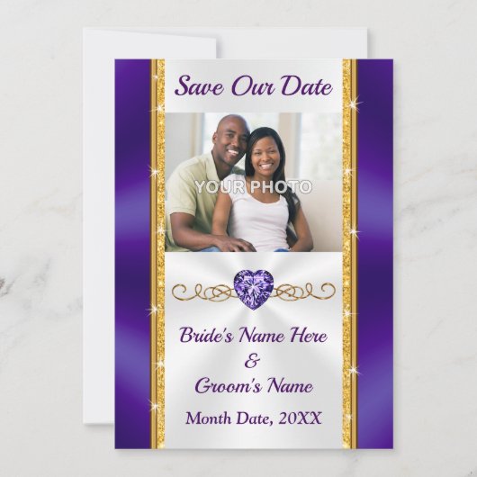 FOTO, Paarse en gouden bruiloft Save the Date Kaar Kaart (Voorkant)