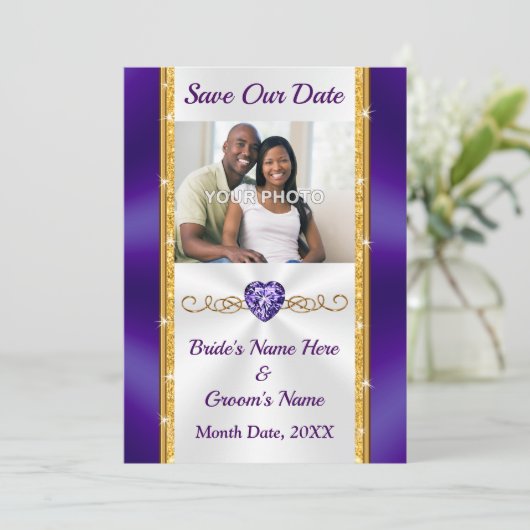 FOTO, Paarse en gouden bruiloft Save the Date Kaar Kaart (Staand voorkant)