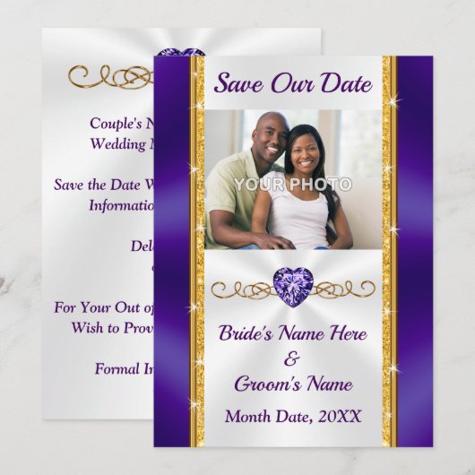 FOTO, Paarse en gouden bruiloft Save the Date Kaar Kaart (Voorkant / Achterkant)