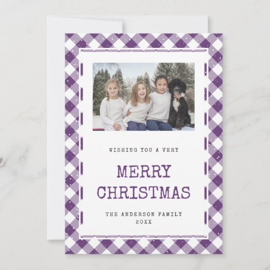 Foto Paarse geruite sneeuw Merry Christmas Kaart (Voorkant)