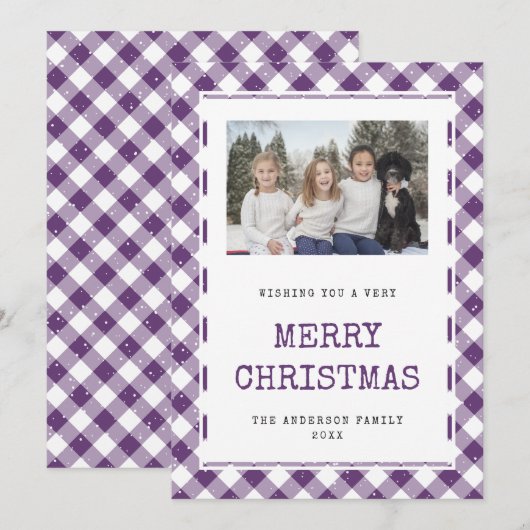 Foto Paarse geruite sneeuw Merry Christmas Kaart (Voorkant / Achterkant)