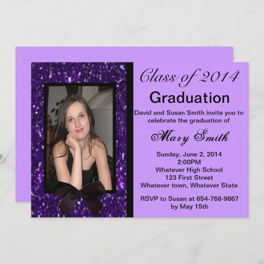 Foto Paarse Glitter Afstuderen Uitnodiging (Voorkant / Achterkant)