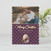 Foto Paarse gouden warme chocolademelk vrolijk ker Feestdagenkaart (Staand voorkant)