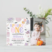 Foto Paarse Halloween Spooky One 1st Birthday Kaart (Staand voorkant)