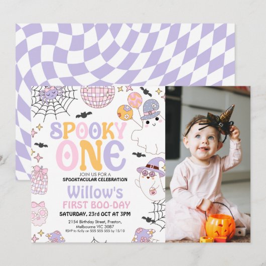 Foto Paarse Halloween Spooky One 1st Birthday Kaart (Voorkant / Achterkant)
