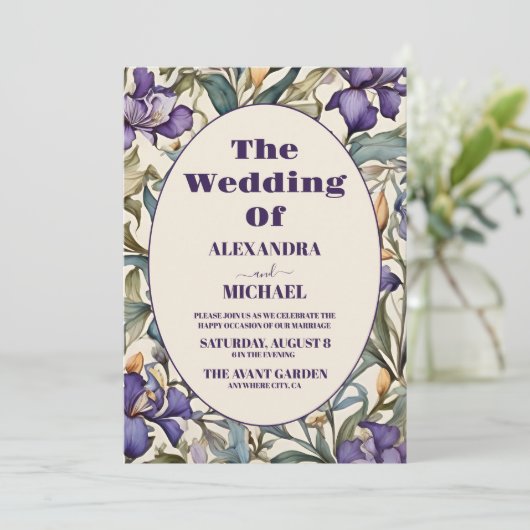 Foto Paarse iris art nouveau bruiloft Kaart (Staand voorkant)