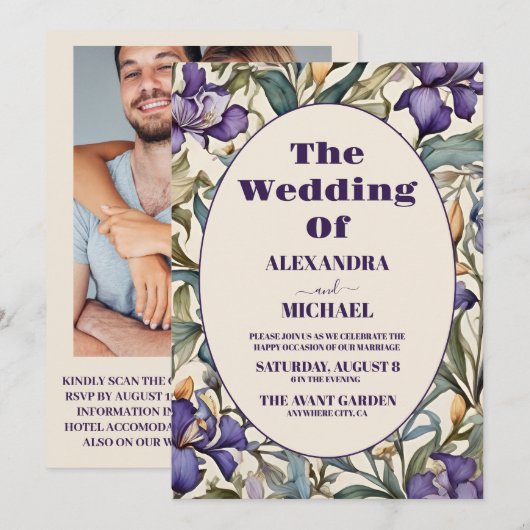 Foto Paarse iris art nouveau bruiloft Kaart (Voorkant / Achterkant)