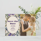 Foto Paarse iris art nouveau bruiloft Save The Date (Staand voorkant)