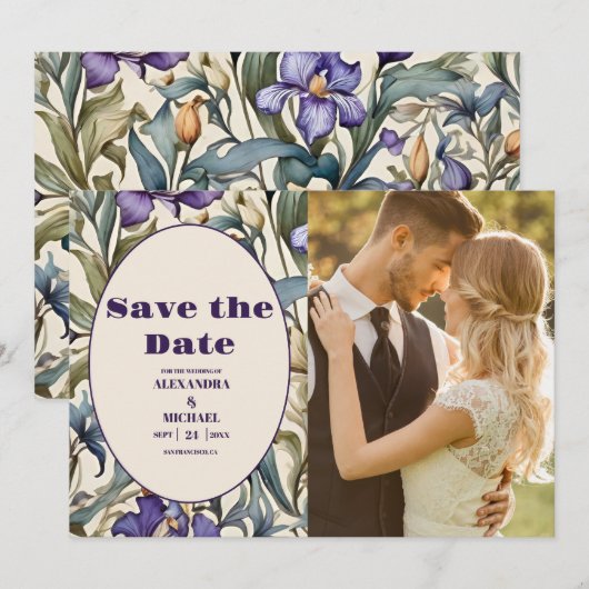 Foto Paarse iris art nouveau bruiloft Save The Date (Voorkant / Achterkant)