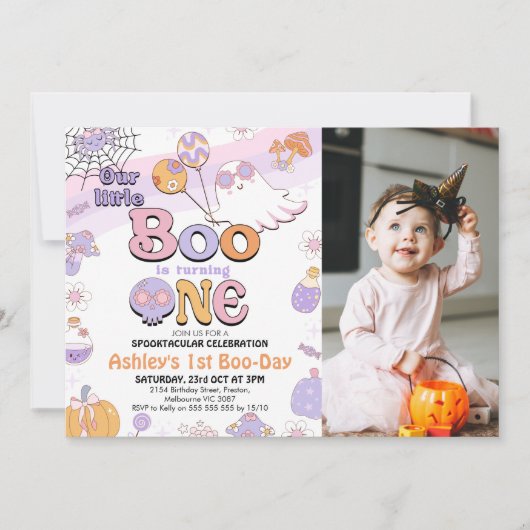 Foto Paarse Little Boo Halloween 1st Birthday Kaart (Voorkant)