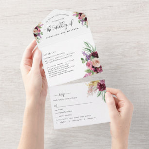 Foto, Paarse Mauve Floral Wedding Tear Off RSVP All In One Uitnodiging
