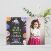 Foto Paarse Outer Space Verjaardagsuitnodigingen Kaart (Staand voorkant)