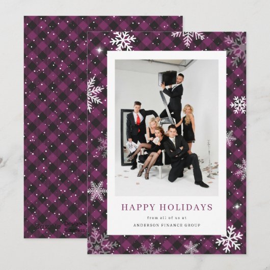 Foto Paarse Plaid Snowflake Bedrijfsactiviteiten Feestdagenkaart (Voorkant / Achterkant)