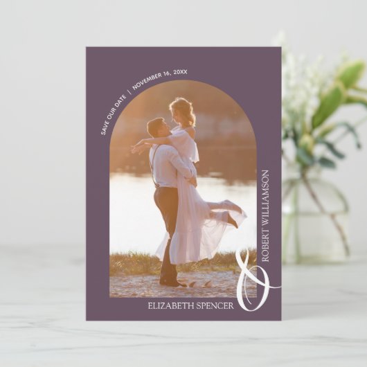 Foto Paarse QR-code bruiloft Save The Date (Staand voorkant)