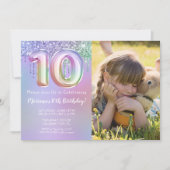Foto Paarse Roze Glitter 10e Verjaardagsfeestje Kaart (Voorkant)