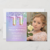 Foto Paarse Roze Glitter 11e Verjaardagsfeestje Kaart (Voorkant)