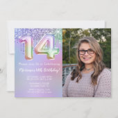 Foto Paarse Roze Glitter 14e Verjaardagsfeestje Kaart (Voorkant)